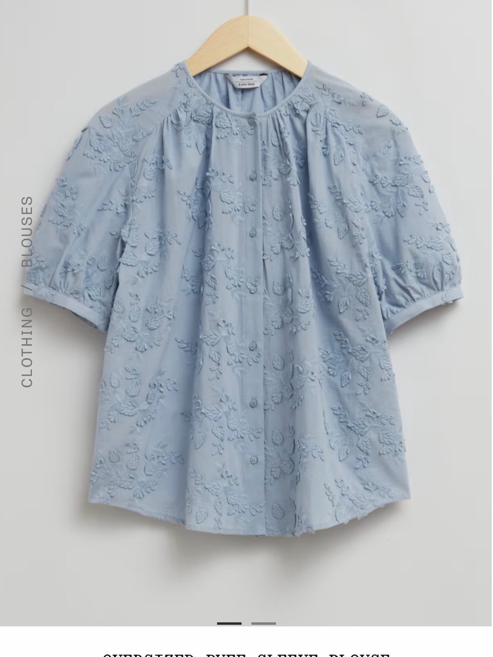 & Other Stories Dusty Blue Floral Appliqué Puffed Sleeves 100% Cotton 12